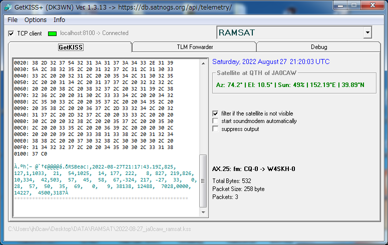 JA0CAW's tweet photo. Ramsat 9K6 Telemetry over Japan #ramsat #chubesats @SatNOGS https://t.co/GyHaRl4IVz