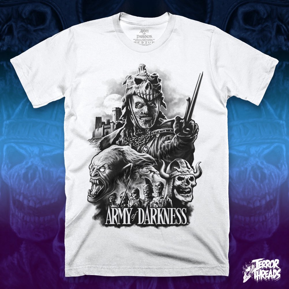 Sound the trumpets, Raise the drawbridge, and drop the Oldsmobile… Our new, officially licensed, Army Of Darkness “Sound The Trumpets” Tee is available now! Guarantee your purchase by getting yours before our preorder ends this Sunday at midnight. Only at TERRORTHREADS.COM