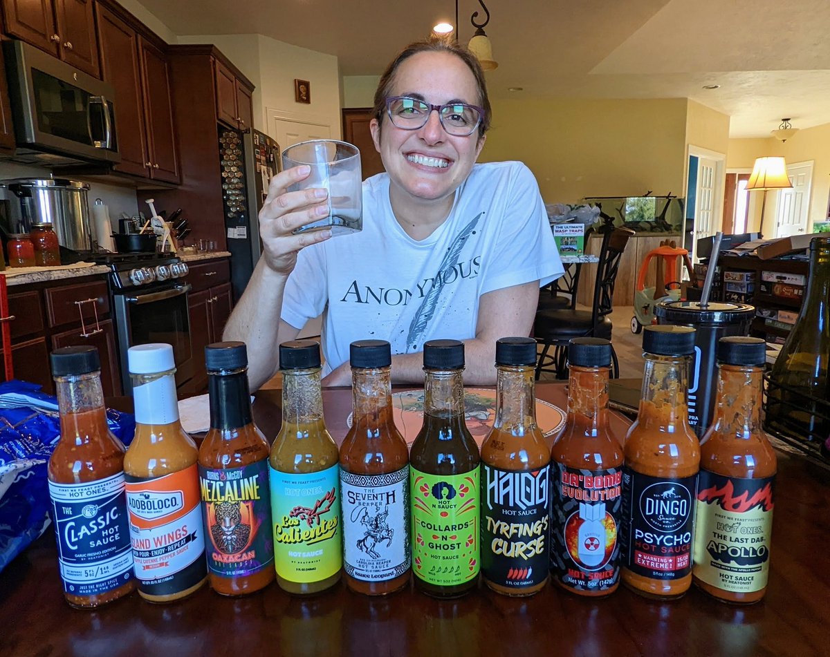 GoldnWlf's tweet photo. Just completed tasting the season 18 lineup of #HotOnes hot sauces! #2, 3, 4, and 6 were my favorites flavor wise. Da Bomb is a bastard. The last 3 are all really hot. But I did it! @Heatonist @firstwefeast #hotoneschallenge @ChuckInAction https://t.co/hB4eMi6EQH