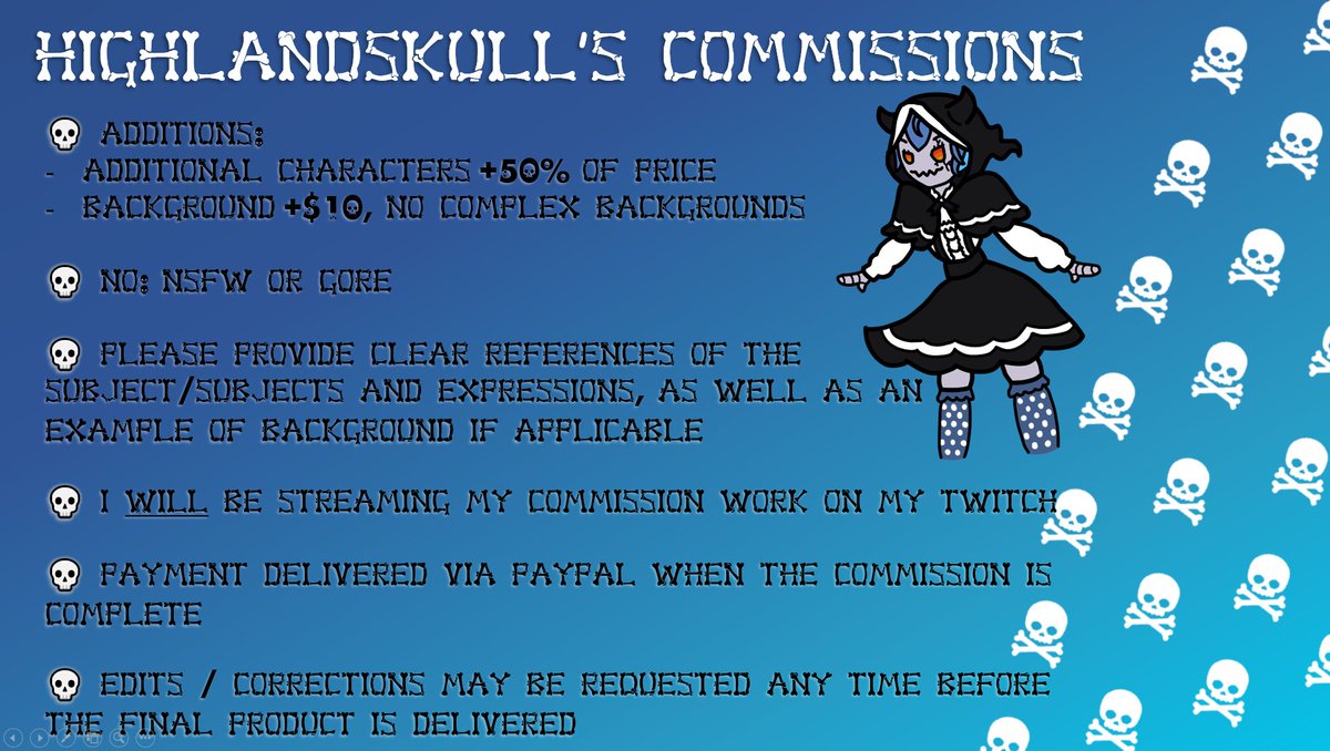 HighlandSkullVT's tweet image. THANK YOU ALL SO MUCH for helping me get to this point!!
as part of achieving 200 followers on twitch, i am officially opening up art commissions!!
currently, applications will only be accepted through twitter DMs
still partially WIP as i get the hang of doing these
💙💀