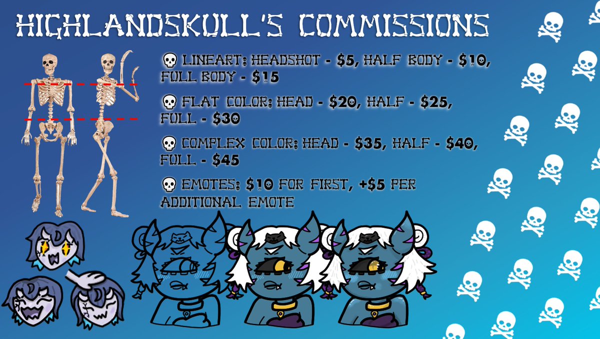 HighlandSkullVT's tweet image. THANK YOU ALL SO MUCH for helping me get to this point!!
as part of achieving 200 followers on twitch, i am officially opening up art commissions!!
currently, applications will only be accepted through twitter DMs
still partially WIP as i get the hang of doing these
💙💀