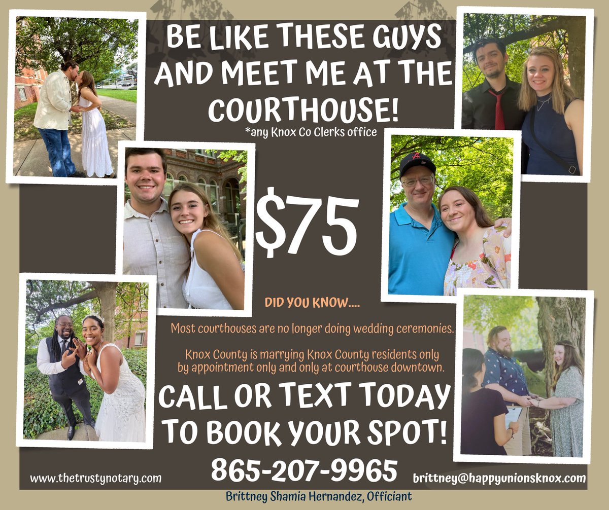 notary_trusty's tweet photo. Allow me to officiate a short, simple courthouse ceremony to get you married and on your way!
#knoxville #courthousewedding #weddinginspiration #elopement #happyunionsknox #thetrustynotary #weddingofficiant #knoxvilleweddings #love #loveislove #meetmeatthecourthouse https://t.co/vsHfrFUeZB