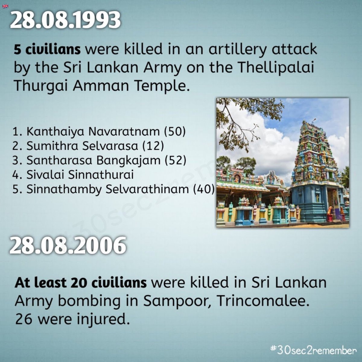 28.08.1993 5 #civilians were #killed in an #artilleryattack by the #SriLankan army on the #Thellipalai Thurgai #Ammantemple #30sec2remember #EelamTamilGenocide #Genocide