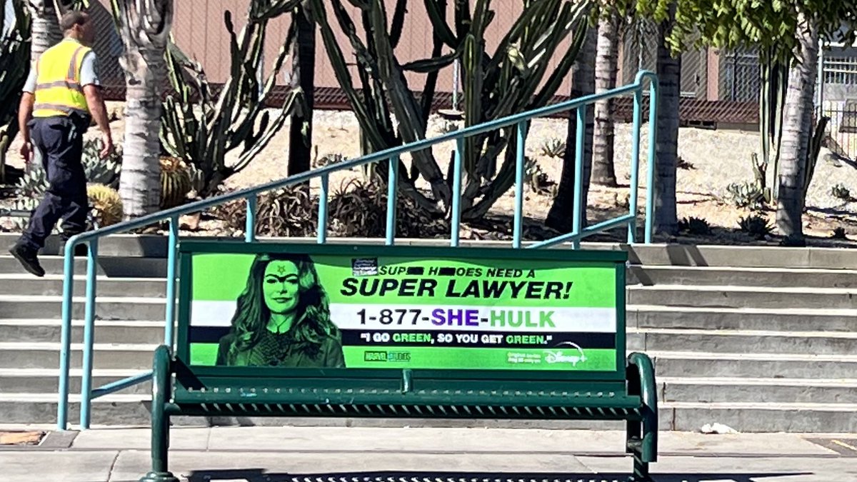 nancywyuen's tweet photo. Attorney bench ad for #SheHulk  spotted on Beverly and Vermont. https://t.co/rhOZzuU2e1