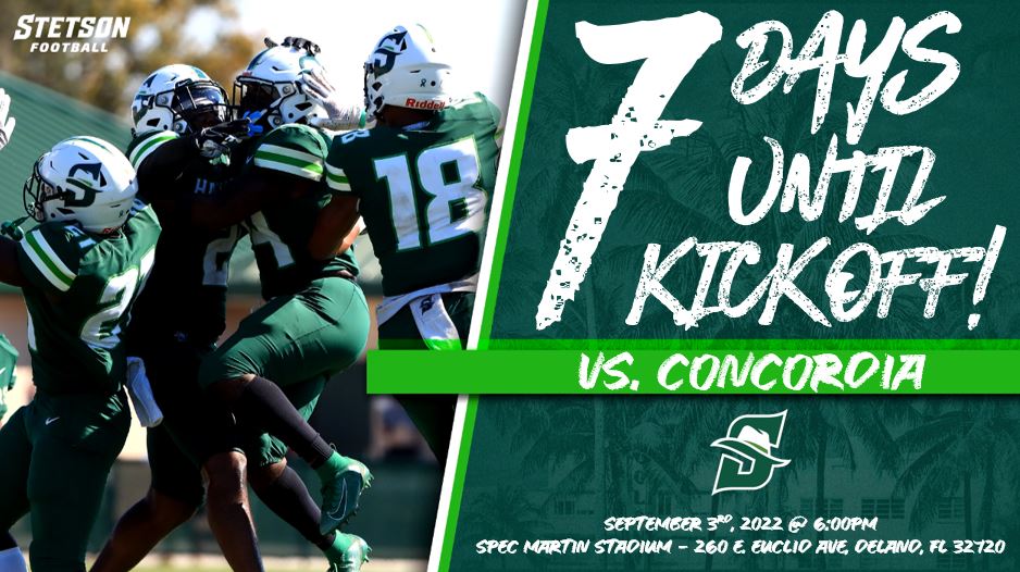 StetsonFootball's tweet photo. 💥7 DAYS UNTIL KICKOFF!💥

Join us Saturday, September 3rd at Spec Martin Stadium as the Hatters take on Concordia for our season opener! See you there!

#HatAttack https://t.co/C1oFz6CsDX