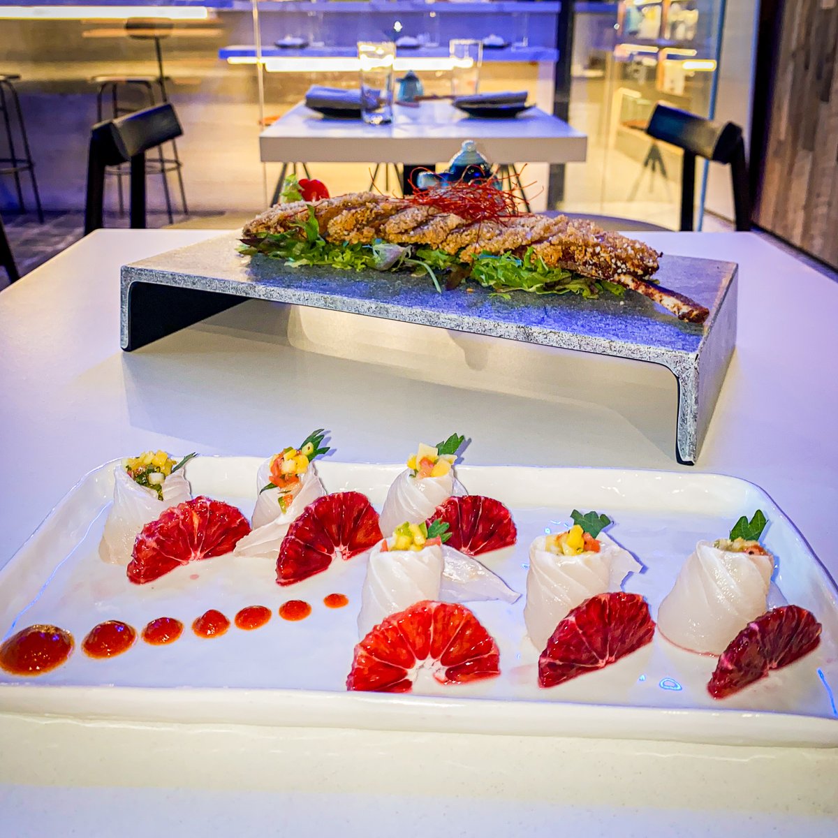 GlassBoxSD's tweet image. Panko Crusted Pork Belly Chop
+ 
Beet Cured Halibut w/ Blood Orange Mango Salsa &amp;amp; Chili

Make your reservation today! glassboxsd.com