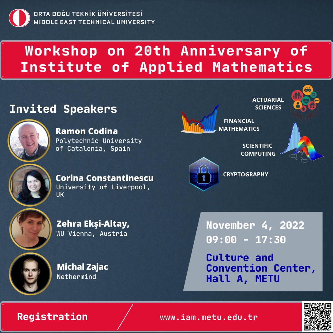 metu_iam's tweet photo. Workshop on 20th Anniversary of the Institute of Applied Mathematics 

The 20th year of the foundation of Institute of Applied Mathematics (IAM) at Middle East Technical University (METU) is celebrated with a special workshop which will be held on November 4, 2022. https://t.co/Y7ecw00LHJ