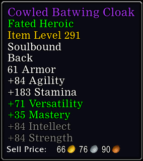 Barleduq's tweet photo. Got this from Heroic Fated Shriek. [Cowled Batwing Cloak] #Warcraft  Hunstman tho?  bwahahahah https://t.co/PNYQP5DEp0