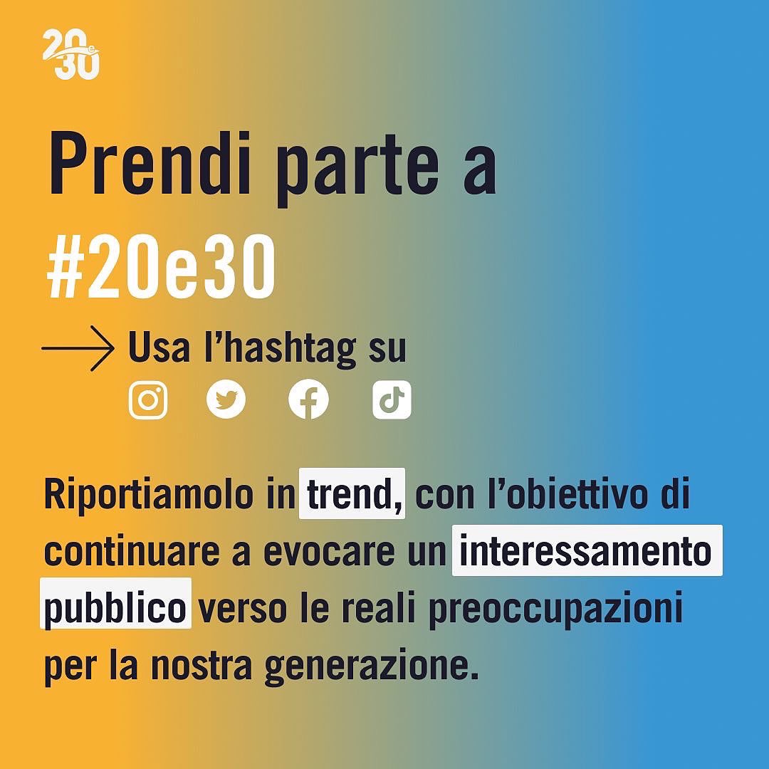 #20e30 è nata da questi cartelli. 

Quel primo momento di viralità ha permesso di aprire il dialogo coi partiti.

Dobbiamo tenere alta l’attenzione su tali istanze: vi chiediamo di continuare a pubblicare contenuti #20e30 anche qui. 

Facciamo sentire la nostra voce.