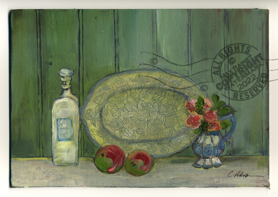 Art For Sale ~ C Peterson 2022 Still Life w Bottle Platter Apple + Roses * Art Print SIGNED | eBay ebay.com/itm/3850851953… 
#stilllife #artprint #homedecor #countryFrench #kitchen #signed #greens #apples #flowers #impressionist #painting #cathypeterson #maxrainet #artcollectors