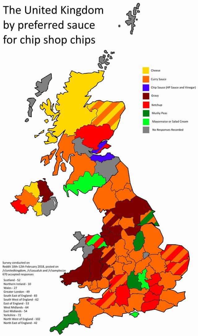 TerribleMaps's tweet photo. Preferred chip shop sauce in the UK https://t.co/e0q34EybPq