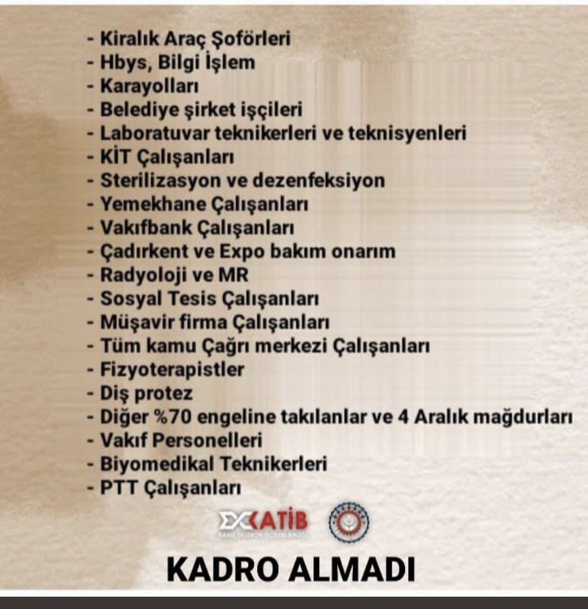 LABORANTSEDA's tweet photo. Biz 696 sayılı khk ile kapsam dışı kalmış %70 mağdurlarıyız bu tabloda tek bir meslek dalına bile ayrımsız bir şekilde kadro istiyoruz @vedatbilgn @RTErdogan @dbdevletbahceli #TaşeronİşçileriniDuyanYokmu https://t.co/OMqv1LHohw
