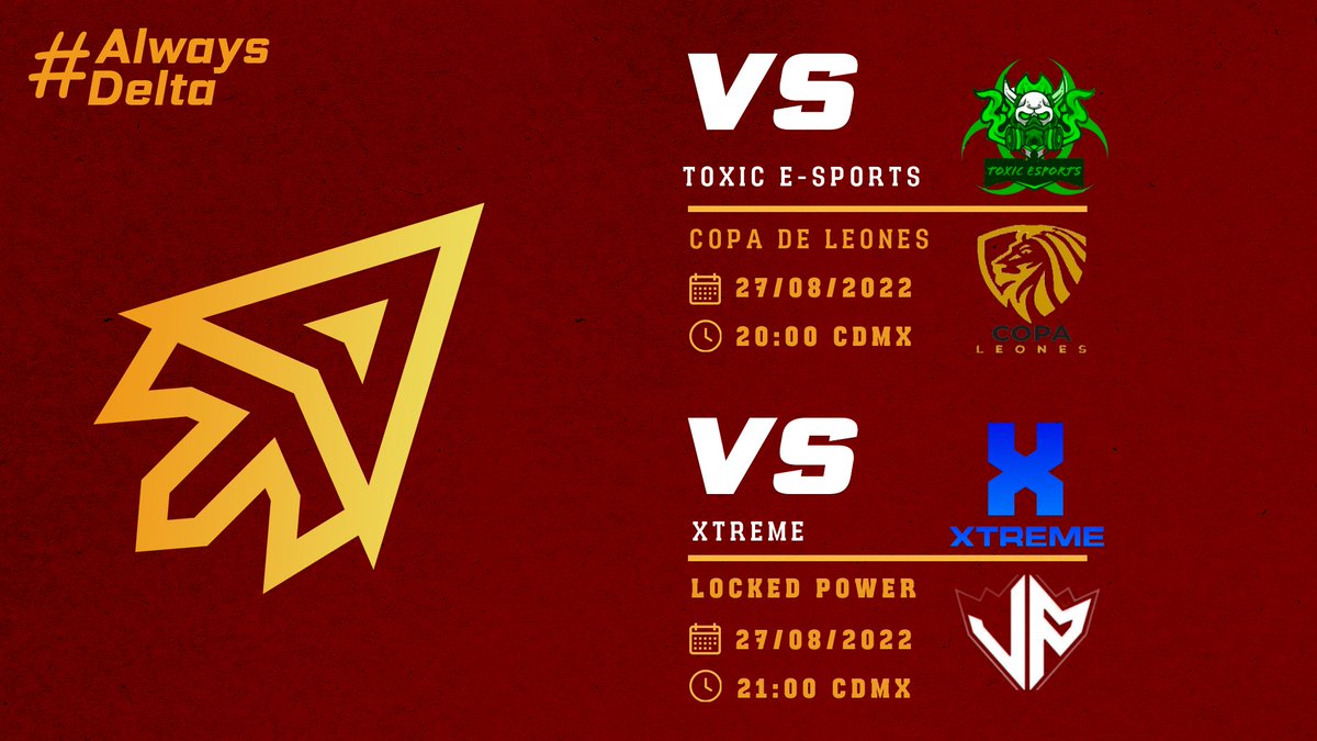 #TDCR • HOY JUGAMOS ∆

🏆 | <a href="/CupLeonesLE/">Leones Cup</a> [J4]
🆚 | <a href="/ToxSports_/">Toxic eSports</a>
⏰ | 20:00 CDMX

🏆 | <a href="/Locked_Power/">Locked Power</a> [ꜱᴇᴍɪ ꜰɪɴᴀʟ]
🆚 | <a href="/Extreme_Teamtbd/">Xtreme</a>
⏰ | 21:00 CDMX

#GoDelta #AlwaysDelta