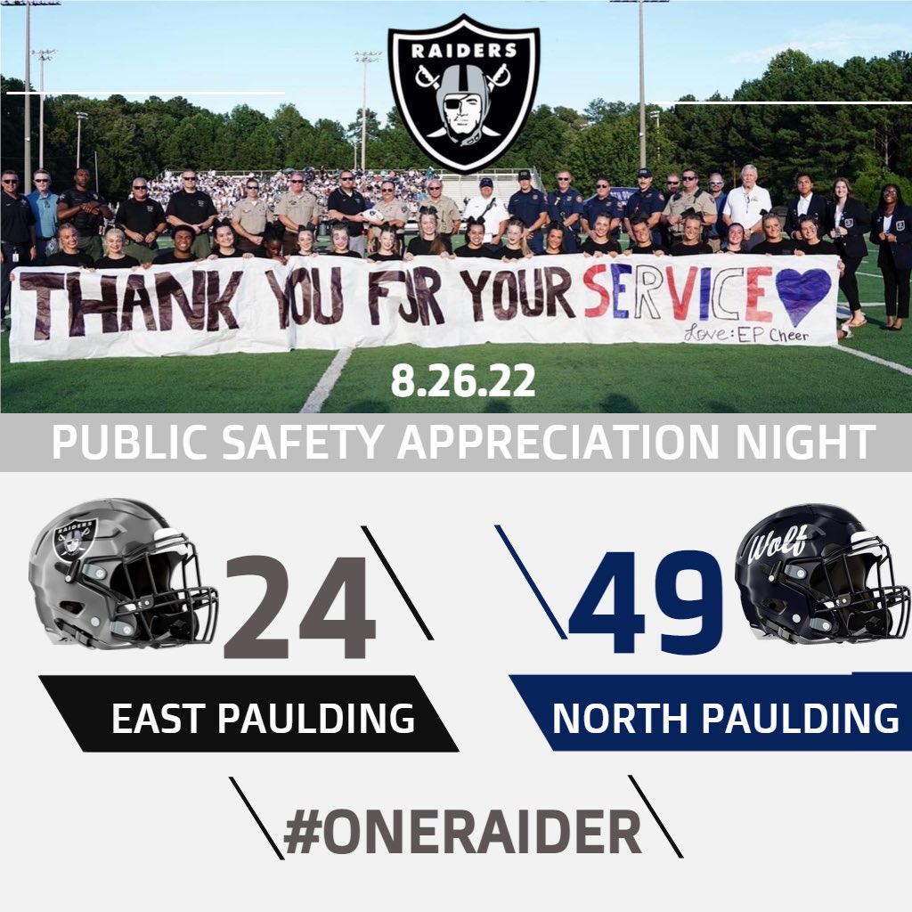 Raiders take Backyard Brawl loss to the Wolfpack, 24-49. Prior to the game, Principal Thomason recognized all Paulding County public safety entities in appreciation for their service. We ❤️ our community! @EPHS_RaidersFB will now look ahead as they travel to Hiram on 9.2.22.