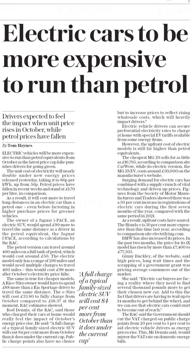 FACTCHECK Electric vehicles significantly cut the cost of motoring in the UK, even under the October price cap I estimate a current saving of £64 per tank of fuel equivalent when driving an EV (£39 in Oct) Today's Daily Telegraph suggests the opposite?! Let's take a look 1/