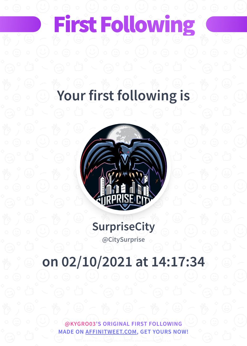 Kygro03's tweet photo. ✨ First Following 

I just discovered my first following on Twitter, it's CitySurprise and I followed them on 02/10/2021 at 14:17:34!
Who's your first following?

➡️ https://t.co/zwg1zSTotm https://t.co/DLRmztum7m