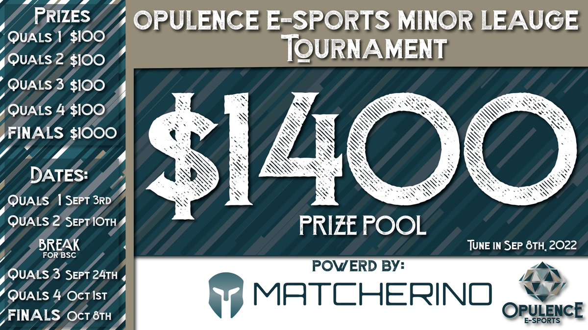 Tired of getting outshined by pro players?

Opulence Esports EMEA Minor League is here! 
Brought to you by: @Matcherino x <a href="/OpulenceEsports/">Opulence Esports</a>

✅4 Qualifiers
✅8 Finalists
✅$1400 Prize Pool 

🚫TOP 8 BSC Teams can't play

Join our discord for info!
Link: discord.gg/uSx42E28y9