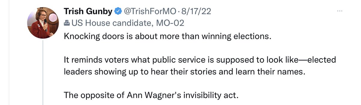 SheWho_Resists's tweet photo. You’re Rep. Ann Wagner and your challenger is state rep. Trish Gunby
#HowYouKnowItsTimeToGo #Missouri https://t.co/7KbqkateOj