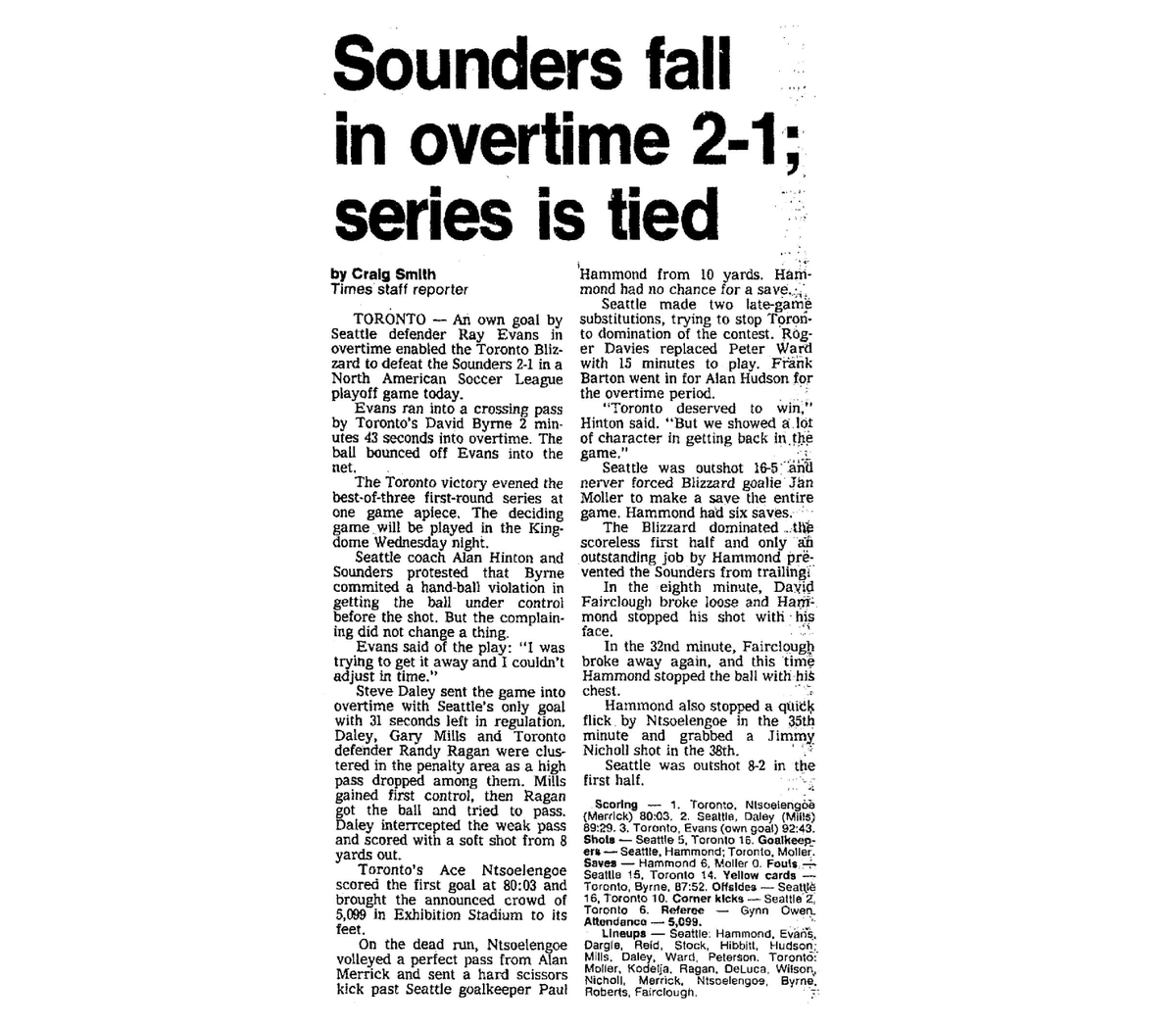 WA_Legends's tweet photo. In a rare weekday afternoon (10.a.m. PT) matchup, Sounders get a last-minute equalizer from Steve Daley only to commit an extra-time own goal. The playoff series tied, a deciding third game is five days away in the Kingdome. #OTD 1982 #TimeMachineSounders1982 https://t.co/GlZu4p5OBS