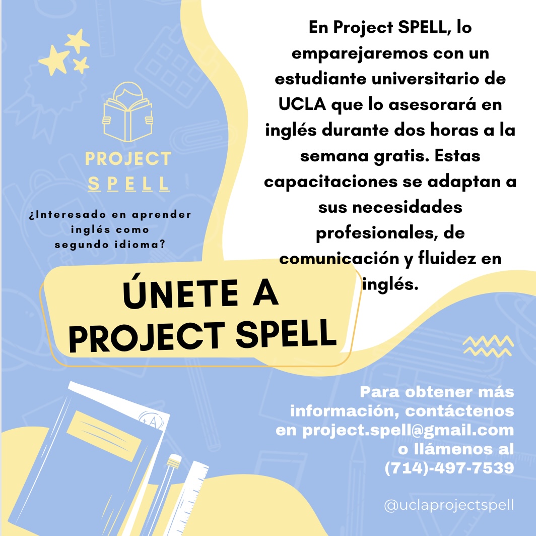 Project_SPELL's tweet image. Would you or someone you know be interested in receiving free English tutoring from a UCLA student? UCLA Project SPELL is excited to announce that we are open to the broader ESL community! For more information, contact us at project.spell@gmail.com or at the phone number below.