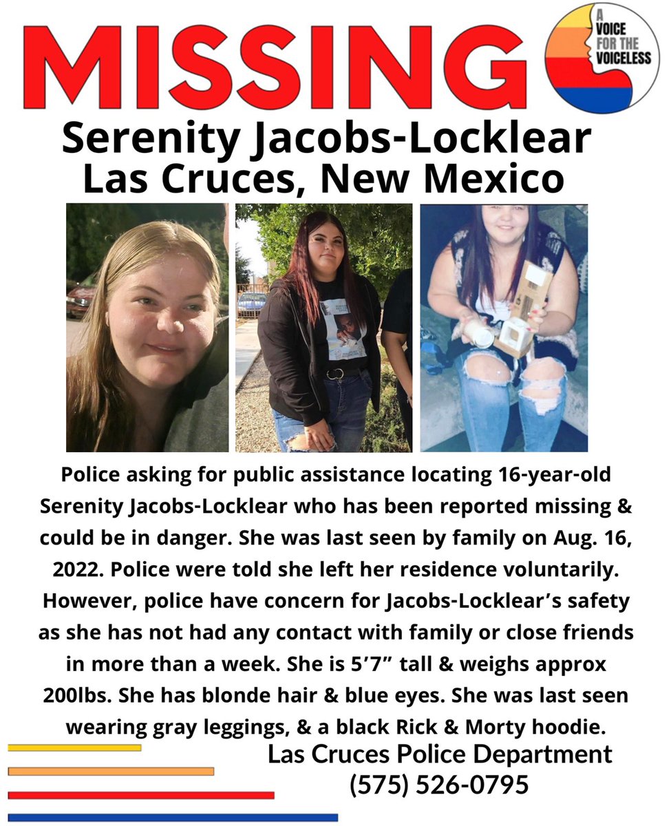 TrueCrimeSister's tweet photo. #MissingCHILD #PLEASEshare ‼️
#SerenityJacobsLocklear
#NewMexico
      ◦Since Aug 16, 2022
◦From #LasCruces 
◦DOB Mar 10, 2006
◦Age Now 16
◦Female
◦Blonde Hair
◦Blue Eyes
◦Height 5'7"
◦Weight 200 lbs

Las Cruces PD (575) 526-0795 https://t.co/Ho06WncV82