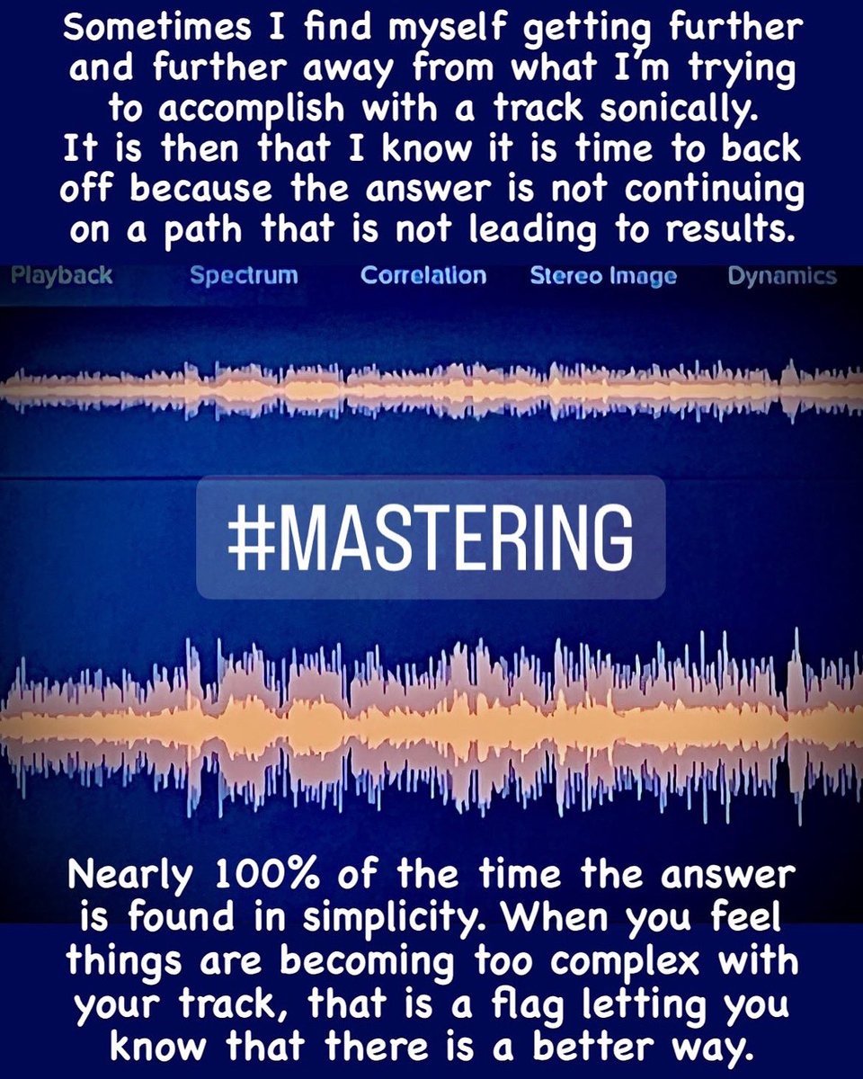 reso_mastering's tweet photo. You ever produce yourself into a corner of complexity? Consider back stepping and simplifying. It’s ok to go back or start over if needed. #servethemusic
.
.
#mastering #masteringstudio #masteringengineer #appledigitalmasters #masteringforstreaming #cdmastering #vinylmastering https://t.co/w8wHgvB0to