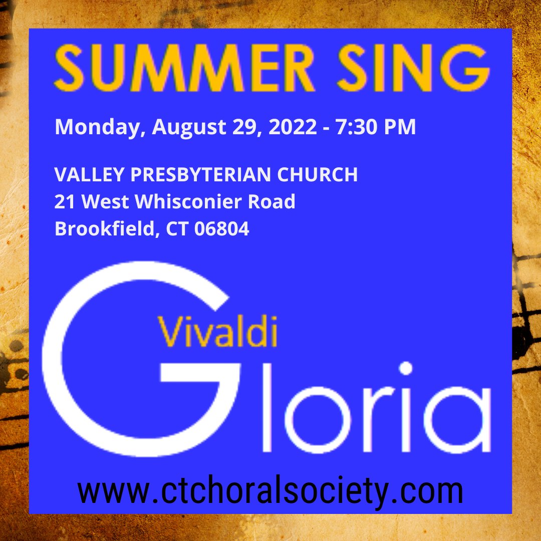 Are you looking for a different type of evening out? The Connecticut Choral Society invites the public to join them for Summer Sing, a sing-in of Vivaldi’s GLORIA, on Monday, August 29th. bit.ly/3wvEtp5 More information at their website @ bit.ly/3Aup8Gv