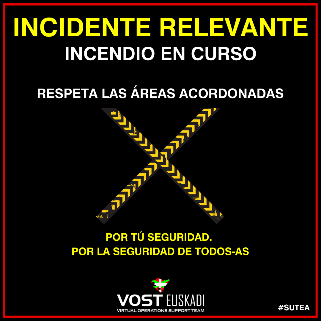 #Zierbena #Sutea 

RESPETA las áreas acordonadas. Por tu seguridad y por la de quienes están trabajando en el incendio. No te acerques a la zona. 

Servicios de emergencia siguen trabajando.
