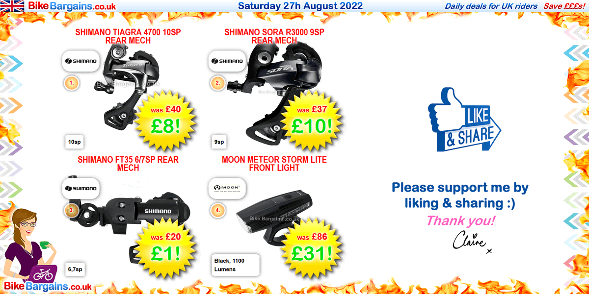 CycleBargains's tweet photo. If you missed it earlier; Very cheap Shimano Rear mechs!🚲
 
🔥 https://t.co/BkqUKqLEox

1⃣ 🔥 £8 Tiagra  (10sp but works with 11sp I think?!)

2⃣ 🔥 £10 Sora (8/9sp)

3⃣ 🔥 £1 Tourney (6/7sp)

4⃣ 🔥 £31 Moon Light (RRP £86!)

Thank you, Claire x https://t.co/jTdVanLjCu