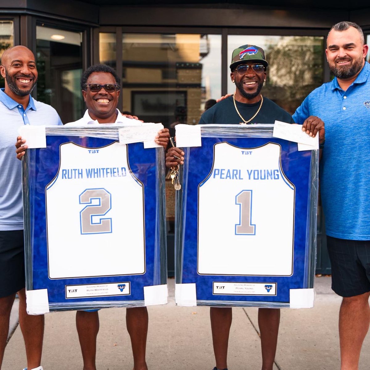CoachingLoveInc's tweet photo. Yesterday, we were proud to present and deliver the game worn @bluecollaru_tbt jersey’s honoring the victims of the Tops shooting, to their loved ones. 

Winning this tournament was about more than basketball, it was for the Buffalo community #BuffaloStrong 💙 https://t.co/mfYktKQCwf