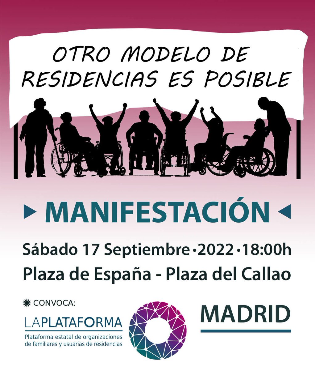 Invitamos a toda la sociedad a la manifestación del 17 de septiembre en Madrid. Por la pérdida de derechos de las personas que viven y trabajan en residencias, por la mercantilización del sistema residencial. ¿Te unes? #residencias #manifestacion #dignidad #derechos #mayores