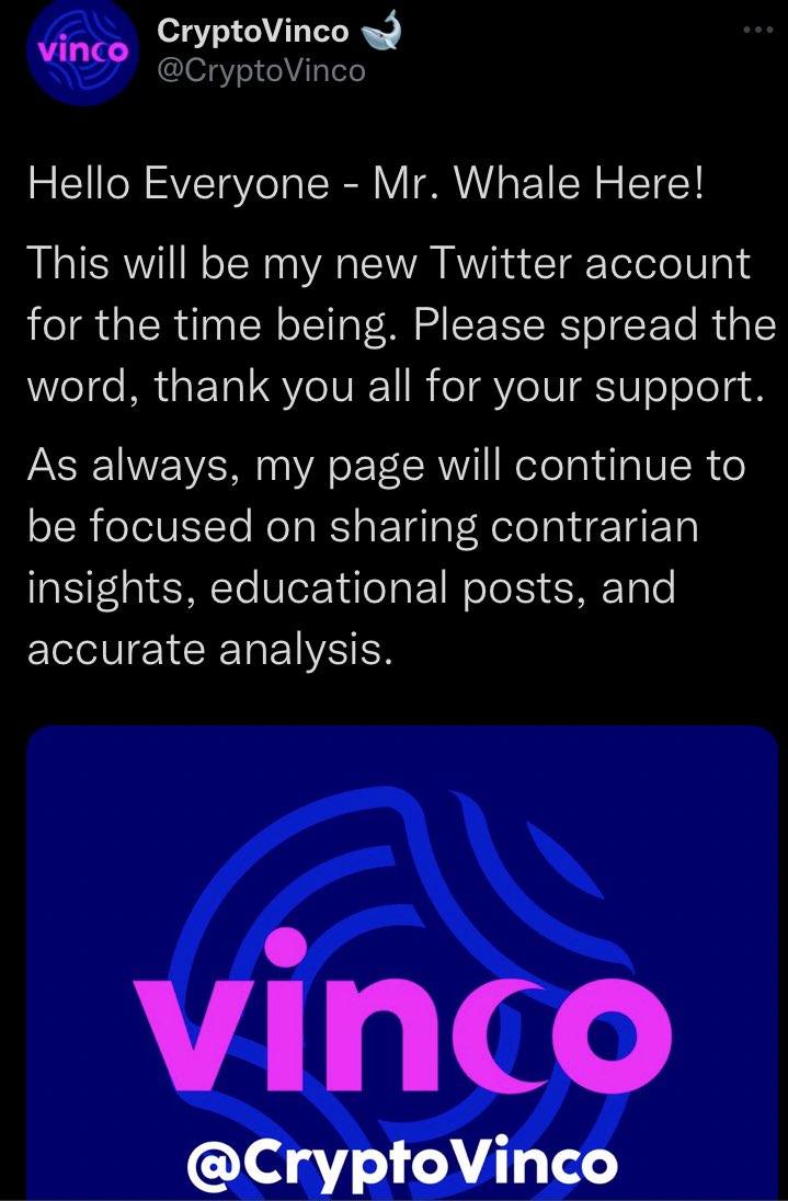 JUST IN: Following <a href="/CryptoWhale/">CryptoWhale</a> Suspension From Twitter, The Famous Crypto Influencer Has Returned to Twitter With New Brand, @CryptoVinco