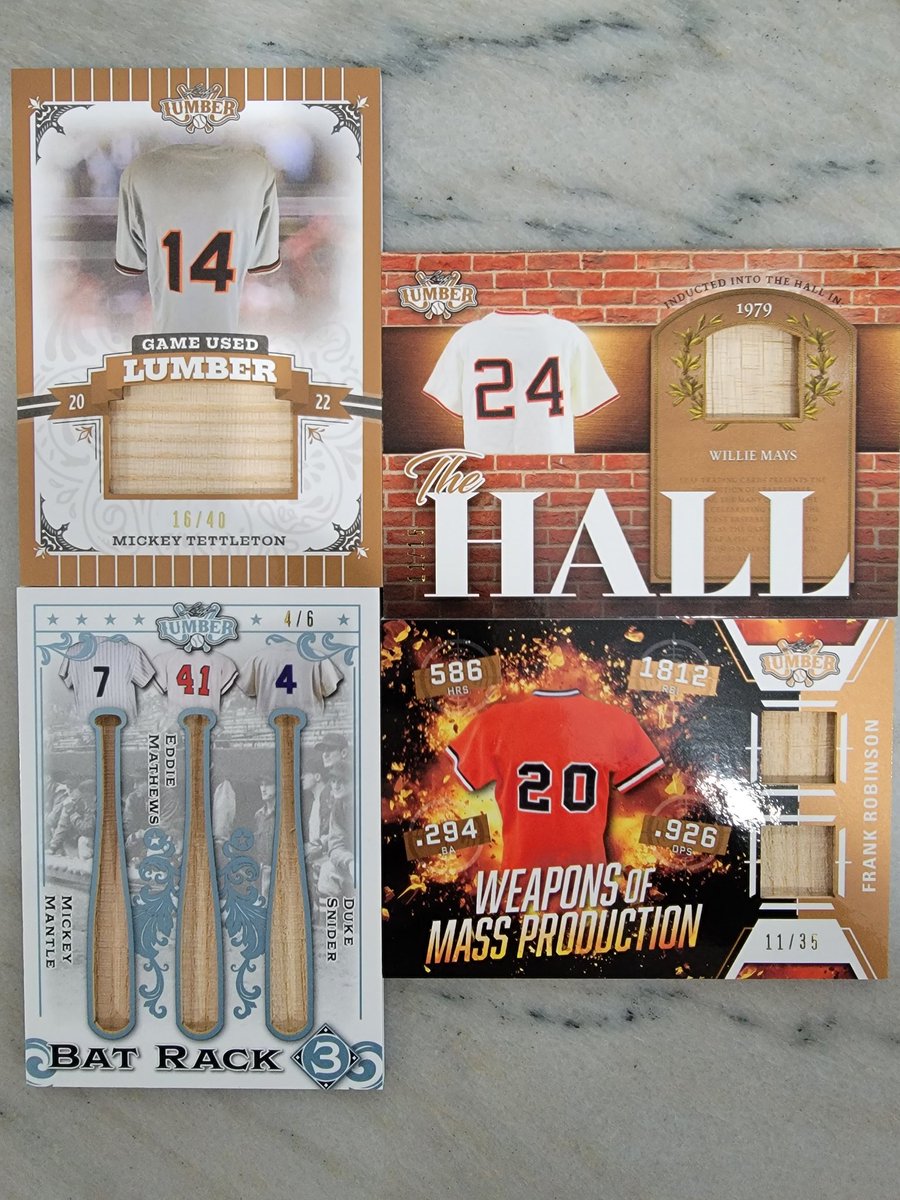 BFSinsuranceguy's tweet photo. @FrankJsBoxes delivery some heat for me. Check out the triple bat relic of Mantle, Matthews and Snider. Also some Willie May's and Frank Robinson. And Bob Boone was a childhood favorite #unbeleafapull @Leaf_Cards https://t.co/7HKgBsxiU8
