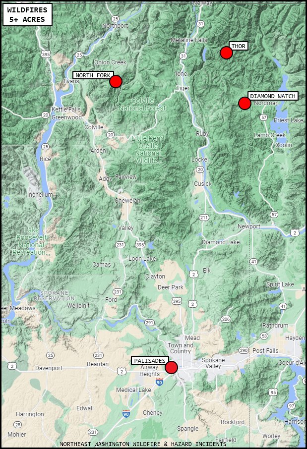 EWFIREANDHAZARD's tweet photo. ACTIVE WILDFIRES
(Northeast Washington)
8/27/22
5+ ACRES
#DiamondWatchFire
Pend Oreille County
#ThorFire
Pend Oreille County
#NorthForkFire
Stevens County
#PalisadesFire
Spokane County
https://t.co/cXAz1GV5p6
#WaWildfire #Wildfire2022 https://t.co/T5RFzfdGZh