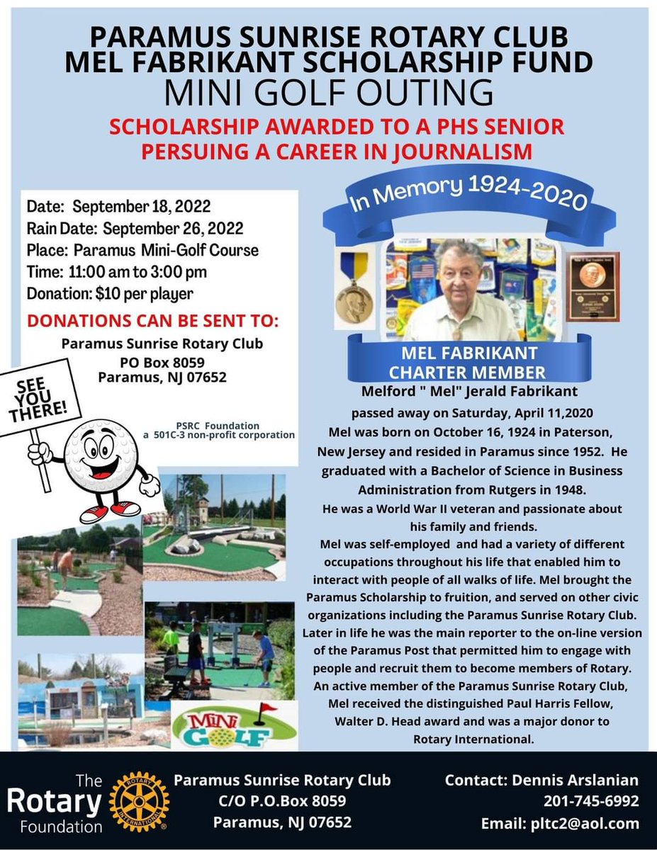 Support the Paramus Sunrise Rotary's upcoming mini golf outing and help a student earn a scholarship! #ImagineRotary #ServiceAboveSelf #PeopleofAction