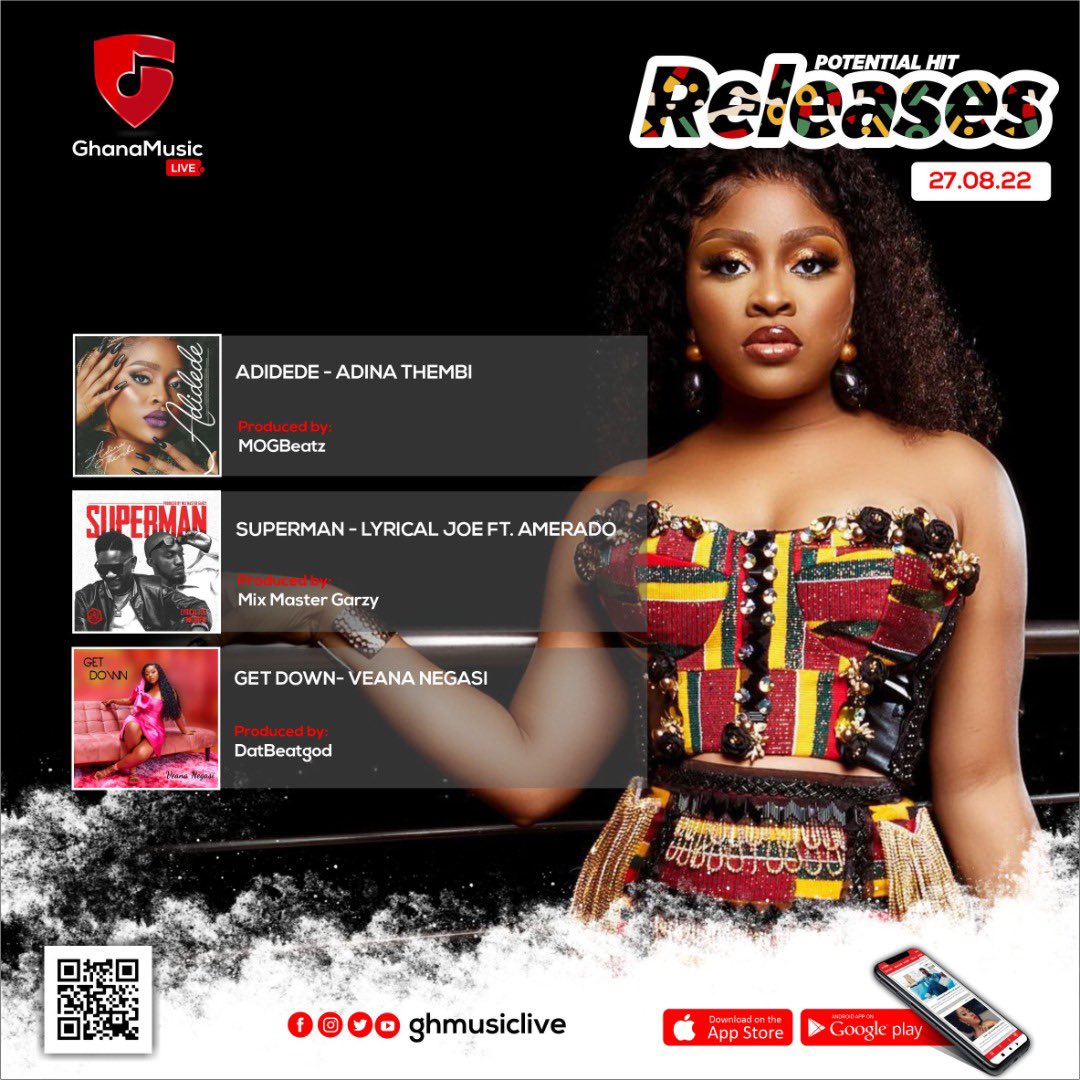 ghmusiclive's tweet photo. YOUR POTENTIAL HIT RELEASES FROM GHANA MUSIC LIVE 🔥
ADIDEDE - @adina_thembi
Produced by: @mogbeatz
SUPERMAN - @_lyricaljoe ft @amerado_burner
Produced by: @mastergarzy
Get Down - @veananegasi
Produced by: - @datbeatgod_
#potentialhit
#ghanamusiclive
#musiconthego https://t.co/SxS4fsjokJ