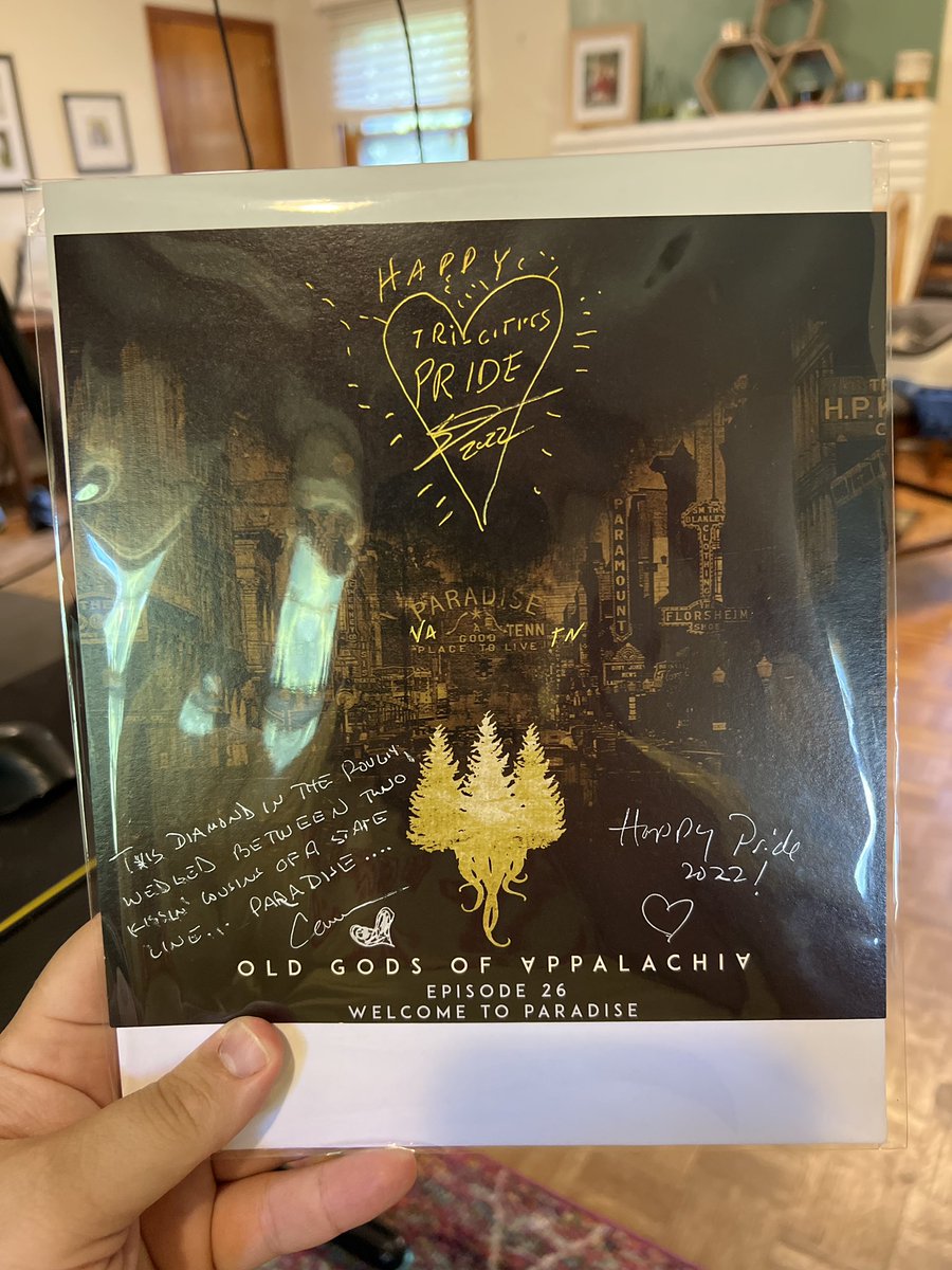 inb4denn's tweet photo. Stopped by the @oldgodspod booth at #TriPride, got to talk to Cam a bit, and got this sick signed print from the Welcome To Paradise episode. I'm so pleased. https://t.co/4HC7DZI5Nd