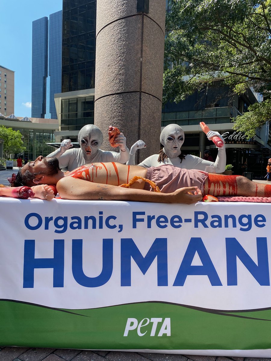 peta's tweet photo. We’re SO proud of our organic, free-range human farm &amp; slaughterhouse 👽 🔪 🥩 We treat our human livestock like family ❤️ Is slaughtering them easy? No, but we do it for the love of REAL human burgers and human bacon 🍔 🥓 https://t.co/NscntOrYZ0