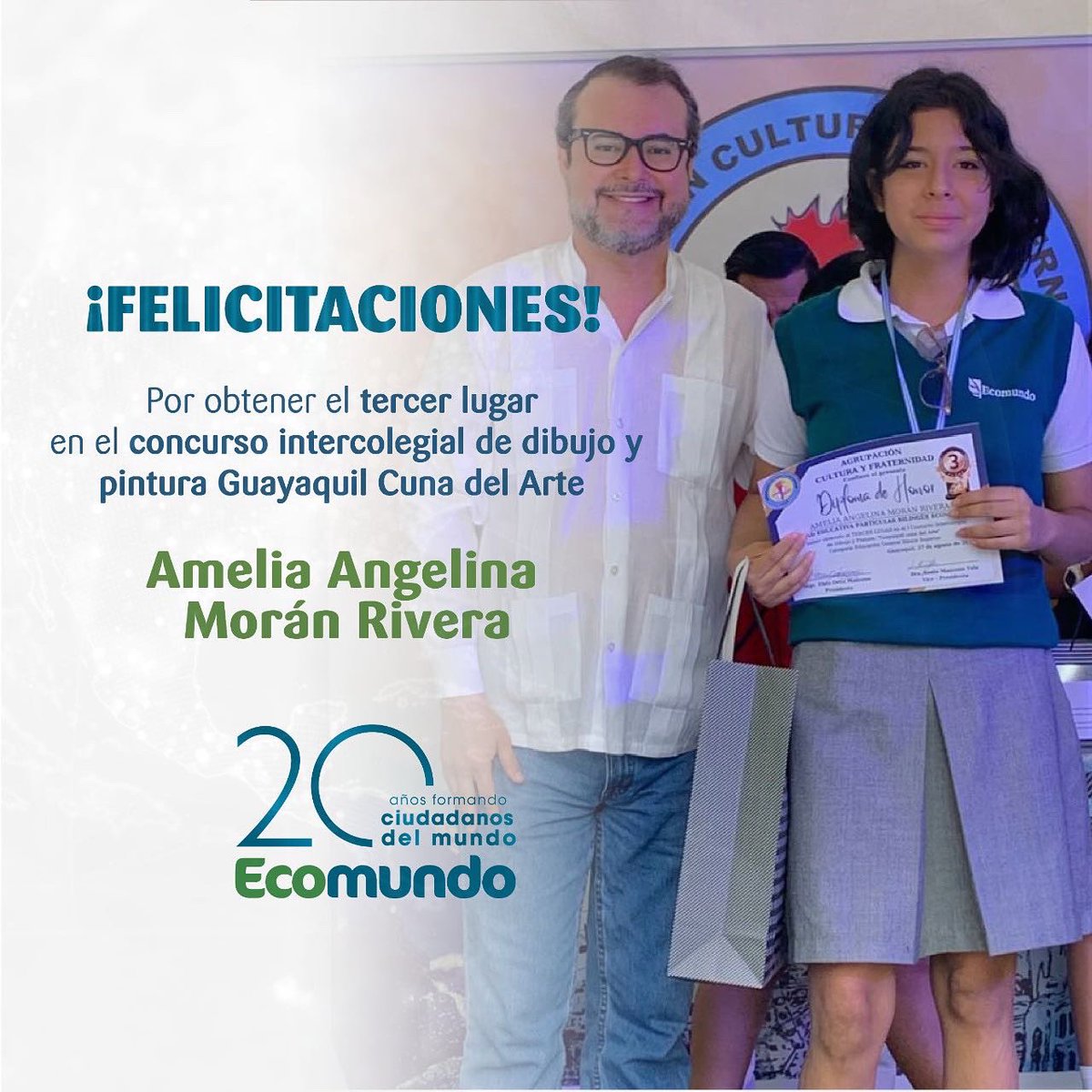 ColegioEcomundo's tweet photo. 🎉 Felicitamos a nuestra ciudadana del mundo, por haber obtenido el 𝙩𝙚𝙧𝙘𝙚𝙧 𝙡𝙪𝙜𝙖𝙧  en el concurso Intercolegial de dibujo y pintura Guayaquil Cuna del Arte🎨 y a nuestra directora de arte, Mgs. Caruz Gruber, por su dirección y motivación a nuestros estudiantes. https://t.co/Dr0S54oxrw