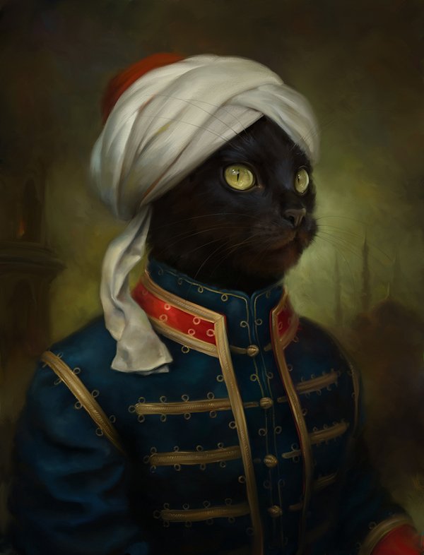 Inspired by classic oil paintings, Uzbek artist Eldar Zakirov created series of digital portraits of cats in royal attire who look like the members of the royal family for the Russian magazine Hermitage.