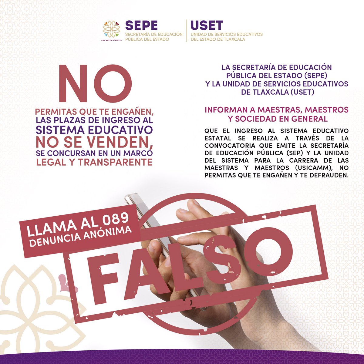 septlaxcala's tweet photo. No te dejes engañar llama al 089. La Secretaría de Educación Pública de Tlaxcala (@septlaxcala) #NoVende plazas de ningun tipo #Denuncia https://t.co/UwBKB7SQRj