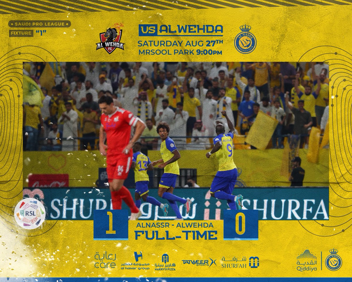 AlNassrFC's tweet photo. 🔚 | الصافـرة تُعلن النهايـة!💛
الانتصـار الأول ✅
النصر 1 - 0 الوحدة
⚽️ فينسنت أبو بكر

#النصر_الوحدة https://t.co/5mSV4eX6m4