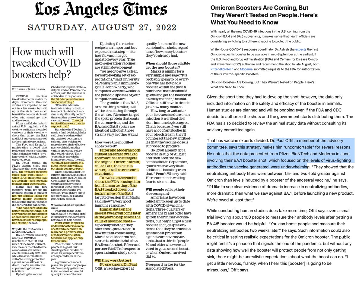 EricTopol's tweet photo. Why to make of the BA.5 boosters coming soon?
The range of opinions
https://t.co/9pXvgEs554 @LNeergaard @AP @Latimes @US_FDA
https://t.co/QN03vrWJm4 @AliceParkNY @TIME @DrPaulOffit https://t.co/uNcejx0EFp