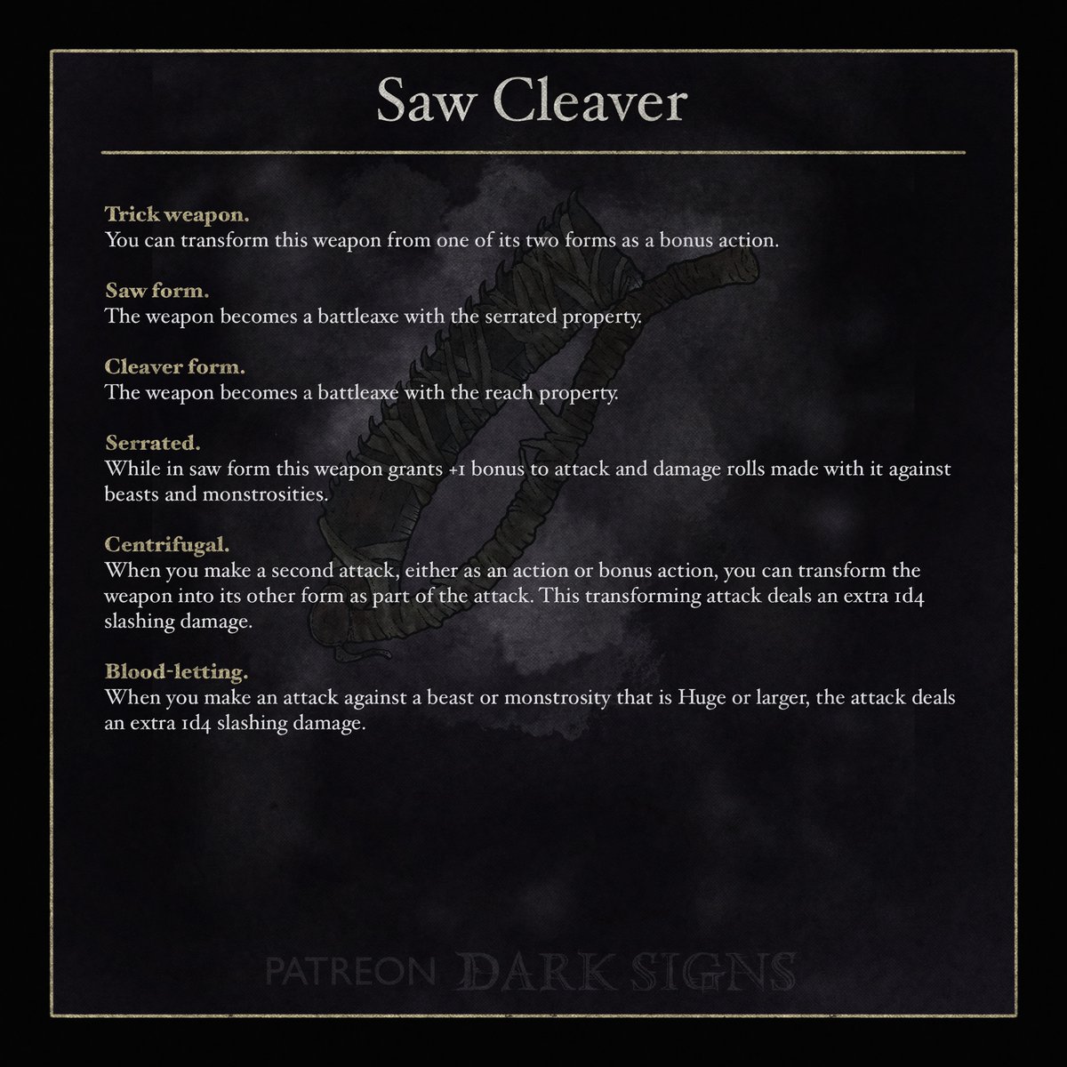 thedarksigns's tweet photo. Ever wanted to hand your #dnd party a saw cleaver from #bloodborne? yeah me too pardner. https://t.co/S80d0UqqMr