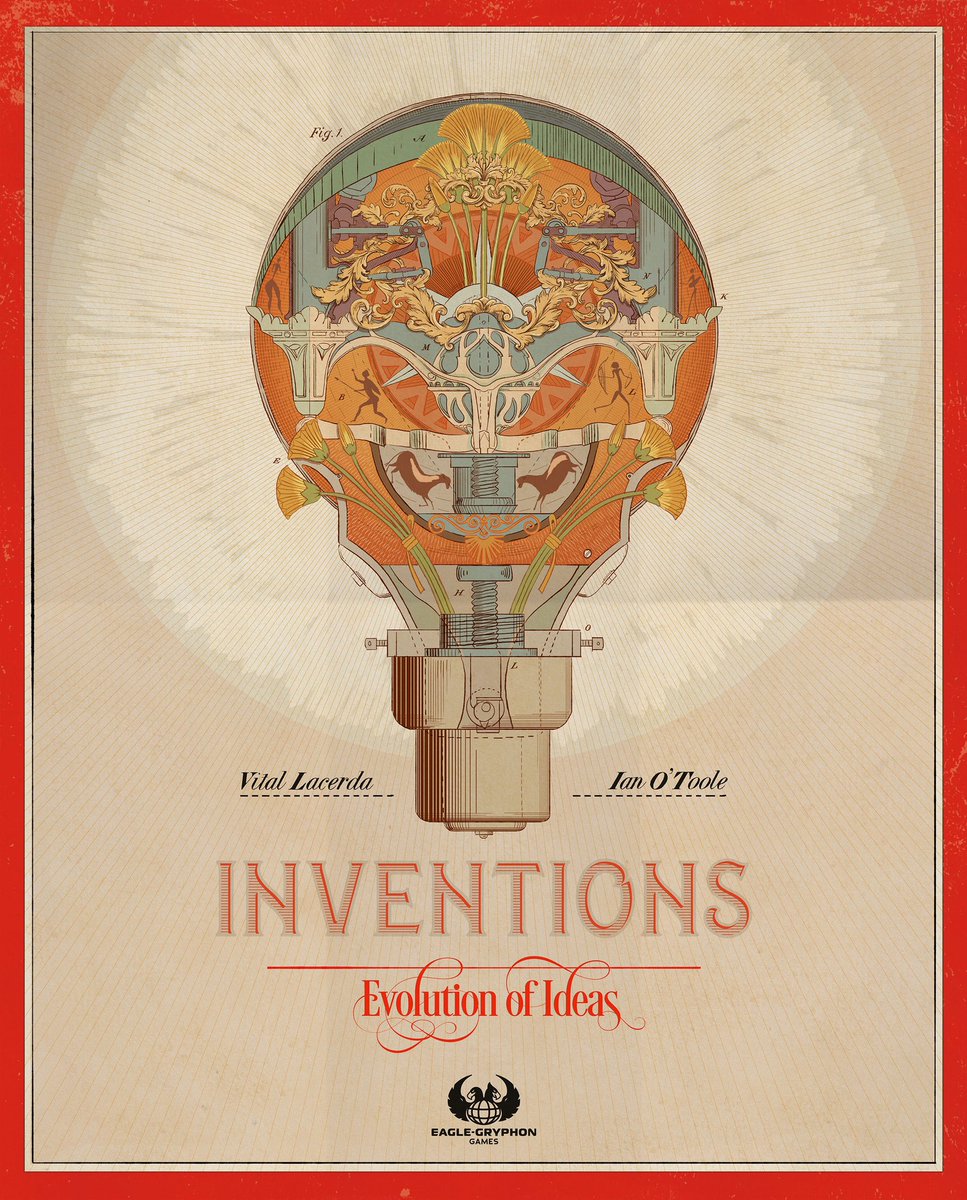 vitallacerda's tweet photo. Cover box of #inventions Evolution of Ideas. My new heavy big box game with the stunning art from @ianotooledesign and the awesome production from @eaglegryphon. Enjoy. https://t.co/9CEzib50Ym
