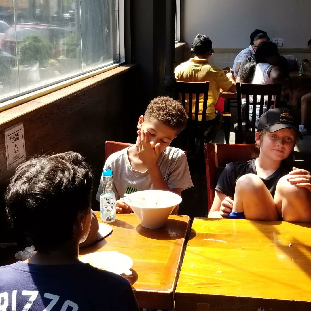 410E9th's tweet photo. Spent the morning at @MS136DEWEY running fielding drills. Melted. Quickly transitioned to some shio and ramen @JapanVillageBK in @IndustryCity. Finished off with Skeet Ball, Ping Pong, Basketball, and Connect Four at the game room. #NYCD10, our kids know you - end to end. https://t.co/C8uRV46s3A