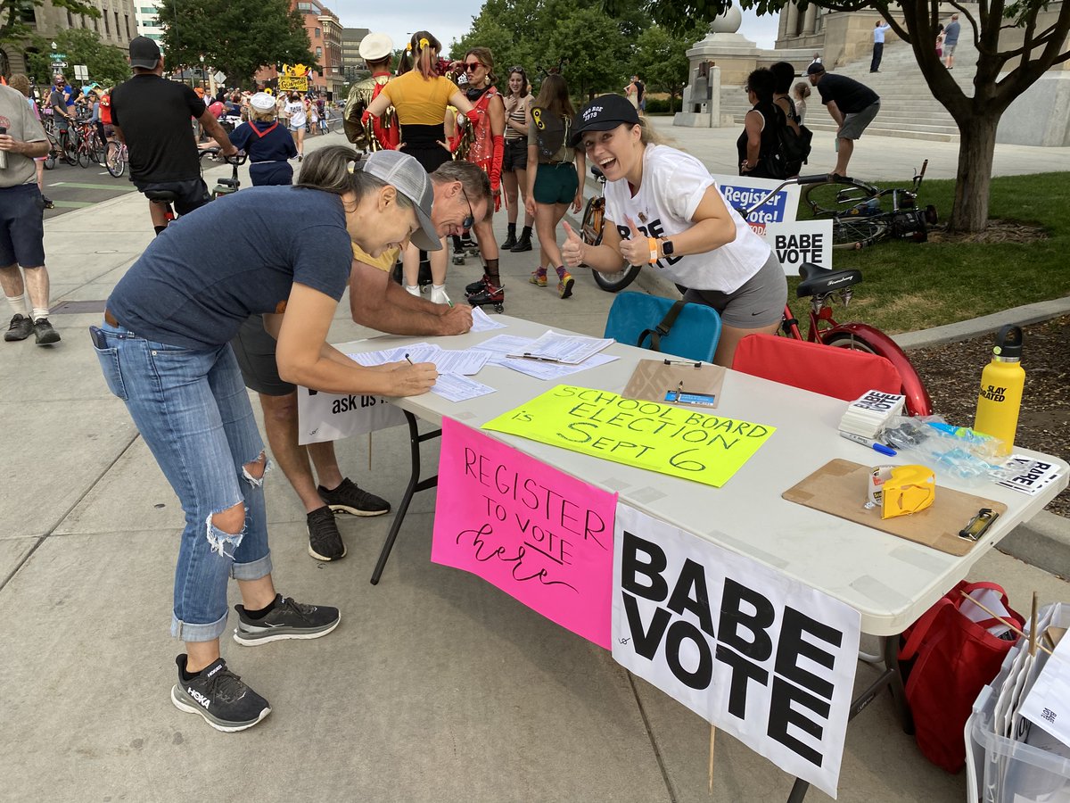 BABEVOTEorg's tweet photo. Registering voters at #GoatheadFest. Boise School Board Election Day is Sept. 6 (the day after Labor Day). You can vote at any of the polling locations on this list: https://t.co/9tWNn1rqES https://t.co/pZRk32WFRs