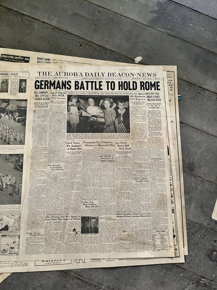 cheffernan75's tweet photo. My brother bought a house built in the 1850s. As he pulled back carpet, we found the floor covered in newspapers from the 1944.
So… #sschat, what should I have my students do with these treasures? https://t.co/SUuS08w7zf