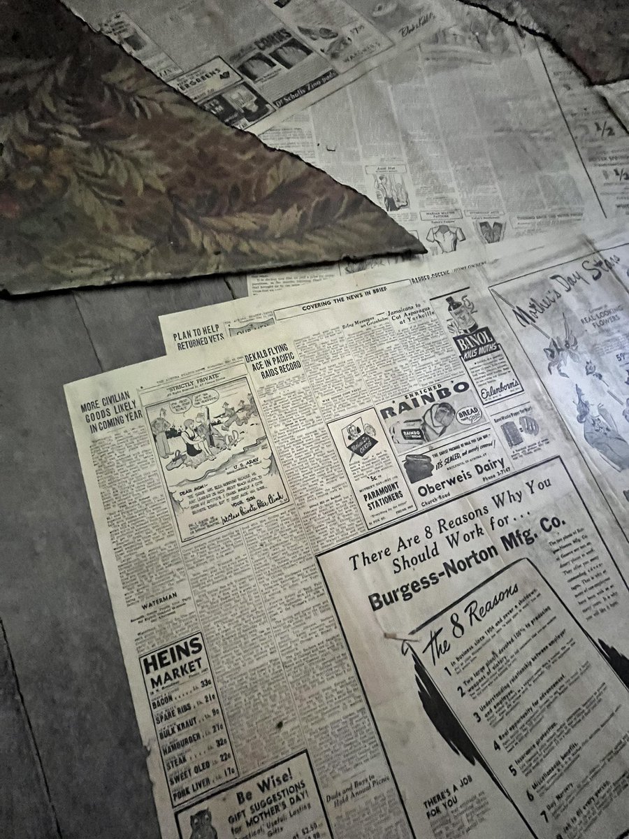 cheffernan75's tweet photo. My brother bought a house built in the 1850s. As he pulled back carpet, we found the floor covered in newspapers from the 1944.
So… #sschat, what should I have my students do with these treasures? https://t.co/SUuS08w7zf