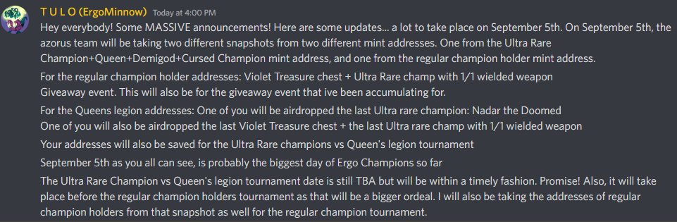 ErgoChampions's tweet photo. Special thanks to the incredible @azorus_xyz team for agreeing to help with another snapshot. SEPTEMBER 5TH ladies and gentlemen, might be the biggest day of Ergo Champions history so far. I encourage you to read the announcement below. 

You won't want to miss this! 
#Ergo #ERG https://t.co/lJyTEKTsyK